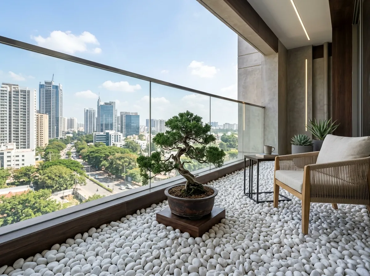 Minimalist Zen pebble garden on a Bangalore balcony featuring white river rocks and a bonsai tree.