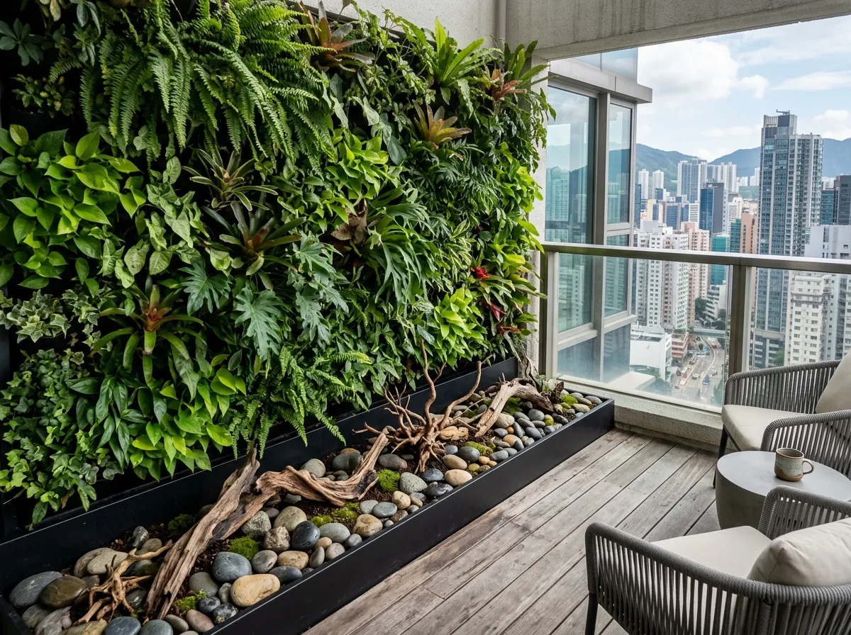 A vertical garden on a Bangalore balcony anchored by a base trench of driftwood and polished stones.