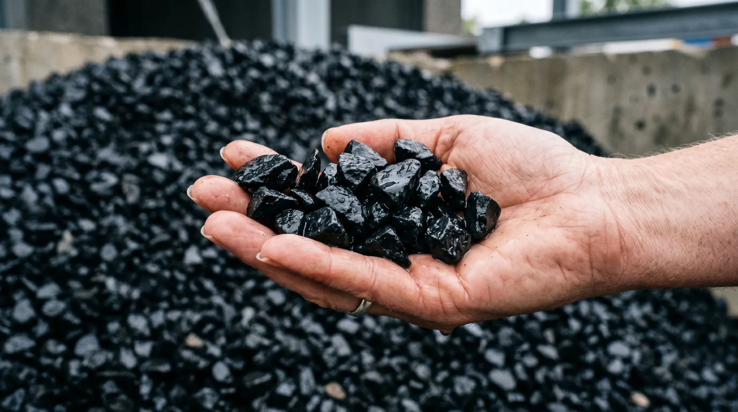 Premium wet-look Napa black stone chips held in hand, ideal for contemporary garden and driveway borders.