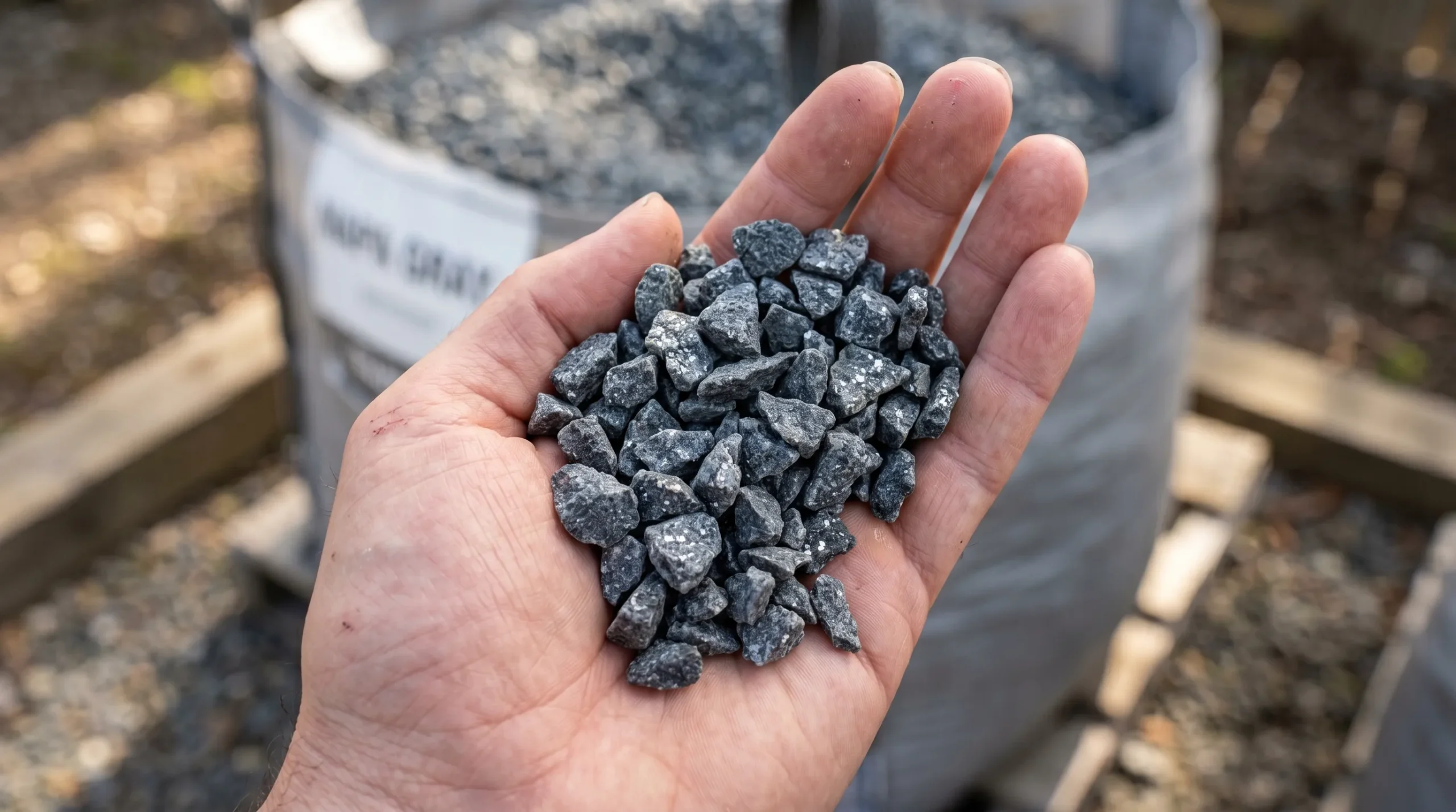 Charcoal gray crushed Napa stone chips for bulk landscaping, displaying natural granite crystalline structures.
