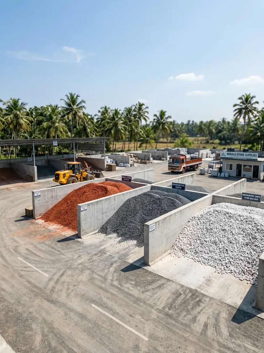 Bulk loading and quality inspection of natural stone chips at the Stone N Rocks wholesale yard in Thrissur.