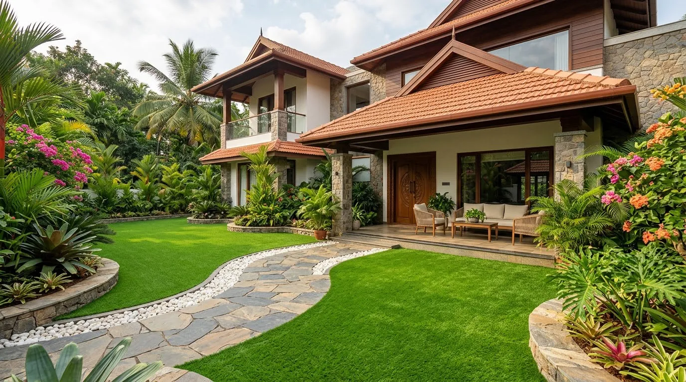 Luxury villa garden combining artificial grass with natural stepping stones.