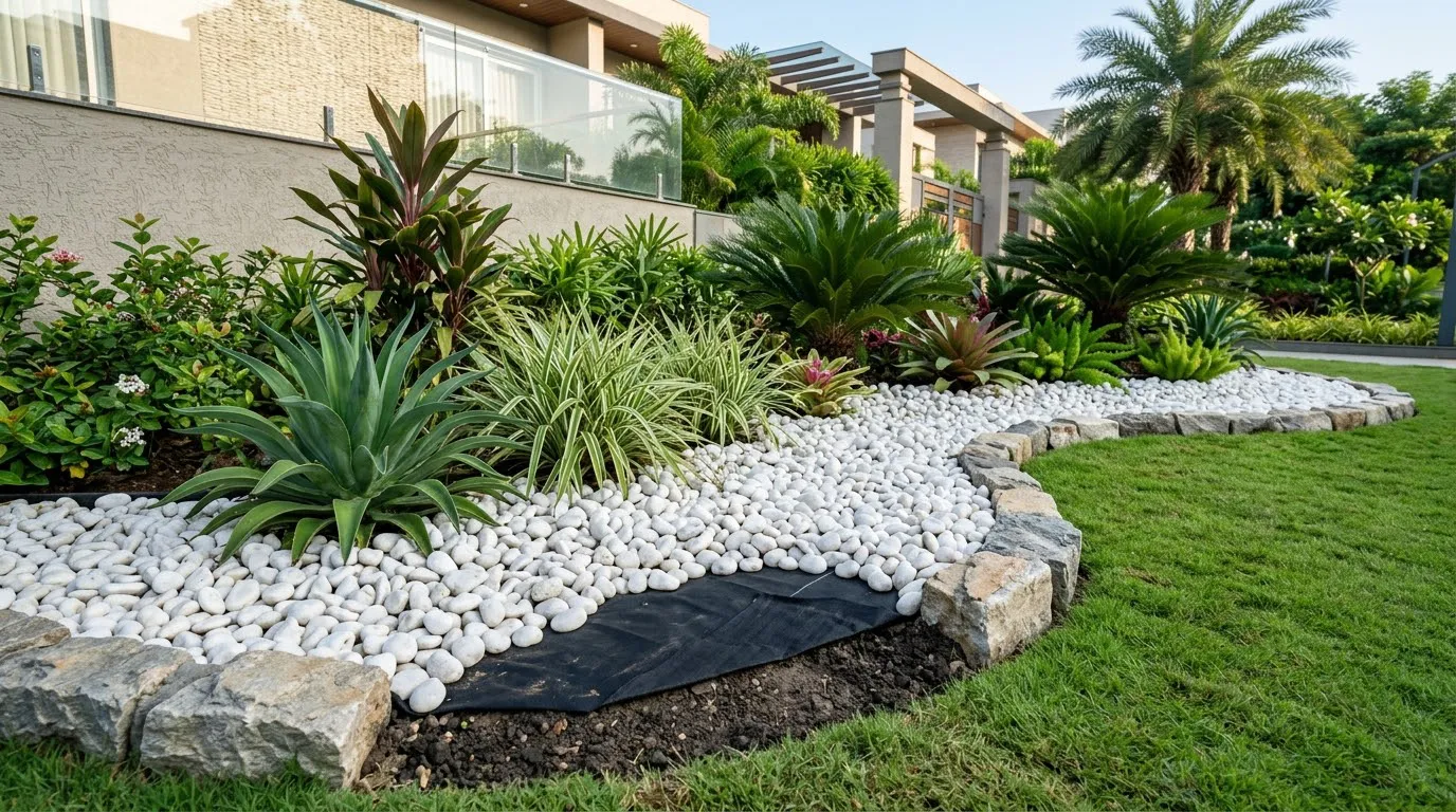 Proper installation of a weed mat under white pebbles in a garden.